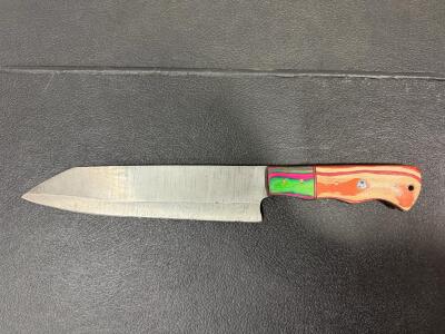 Patterned Damascus Chef Knife, 8" Blade, Full Tang, Colorful Wood Handle, Mosaic Pin