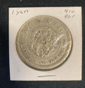 Japanese Meiji 1 Yen Silver Dragon Coin, .900 Silver, 38.6mm, 26.96g, Uncertified ( Unable to Verify)