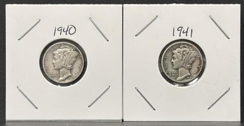 1940-S & 1941-S Mercury Dimes, 90% Silver Coins, San Francisco Mint, Circulated, 2-Coin Lot