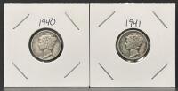 1940-S & 1941-S Mercury Dimes, 90% Silver Coins, San Francisco Mint, Circulated, 2-Coin Lot