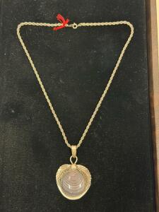 Sterling Silver Pendant Necklace with Banded Agate, Rope Chain, Leaf Motif, 925 Mark