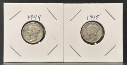 Mercury Dimes 1944 & 1945 - 90% Silver, Circulated, Winged Liberty Head, 10 Cent Coins (2 pcs)