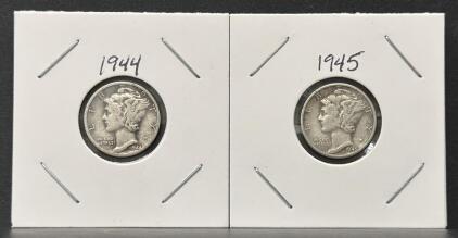 1944-D & 1945-D Mercury Dimes, 90% Silver, Denver Mint, Circulated, 2-Coin Set