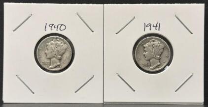 1940 and 1941 Mercury Dimes, 90% Silver, Circulated, Philadelphia, 10&cent; US Coins (2)