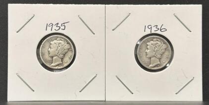 1935 & 1936 Mercury Dimes, 90% Silver, Circulated, Philadelphia, Adolph A. Weinman Design