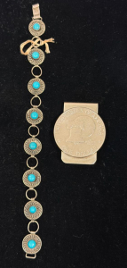Southwestern Silver Turquoise Link Bracelet & Eisenhower Dollar Money Clip, Vintage Collectibles