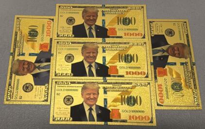 (5) Gold-Plated $1000 Donald Trump Commemorative Banknotes, 24K Foil, GOLD99999999 Serial, Collectible