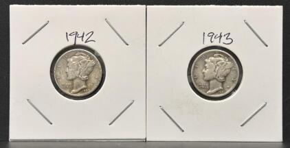1942 & 1943 Mercury Dimes &ndash; 90% Silver, Philadelphia Mint, Circulated, Lot of 2