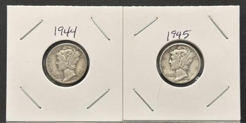 1944 and 1945-S Mercury Dimes, 90% Silver, Circulated, U.S. Mint, Adolph Weinman Design