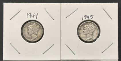 1944 and 1945-S Mercury Dimes, 90% Silver, Circulated, U.S. Mint, Adolph Weinman Design