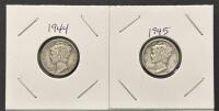 1944 and 1945-S Mercury Dimes, 90% Silver, Circulated, U.S. Mint, Adolph Weinman Design