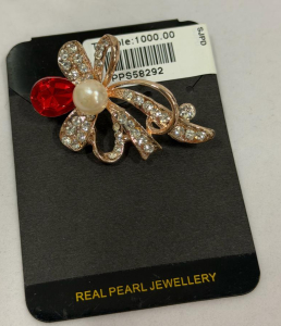 Elegant Gold-Tone Brooch with Real Pearl and Crystals, Model JPFEB-22-161