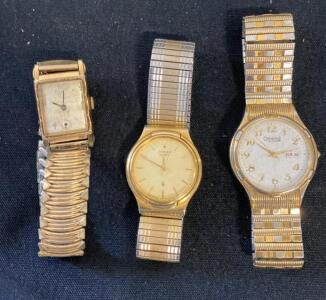 Lot of 3 Vintage Gold-Tone Men's Wristwatches: Bulova, Citizen, Caravelle (Retro Styles) ( Unable to Verify)