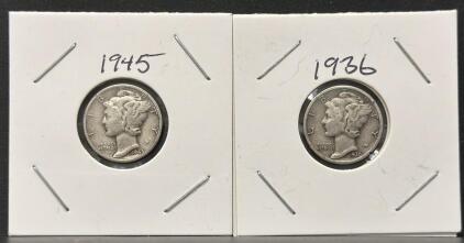 Mercury Dime (Winged Liberty Head) U.S. Silver Coins, 1936-S and 1945-S