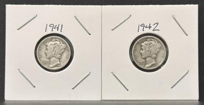 1941 and 1942 Mercury Dimes, 90% Silver, Philadelphia Mint, Designed by Adolph Weinman