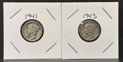 1941 & 1943 Mercury Dimes, 90% Silver, Philadelphia Mint