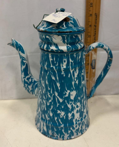 Vintage Blue & White Graniteware Enamel Coffee Pot with Percolator Basket, 1 Quart, 9.25" Tall