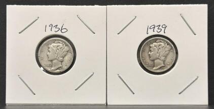 1936-D & 1939-D Mercury Dimes, 90% Silver, Denver Mint, Circulated Condition