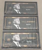 (3) Donald Trump "Save America" $10,000 Novelty Bills &ndash; Gold Highlights, Protective Sleeve