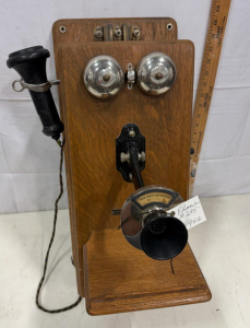 Antique Wall-Mounted Crank Telephone, c. 1920s-1930s, Oak Cabinet, Twin Bell Ringer, 20"x9"x8"