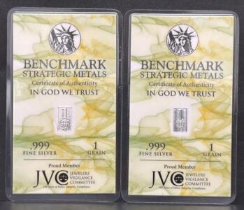 Benchmark Strategic Metals 1 Grain .999 Fine Silver Bar | Assay Card | JVC Certified