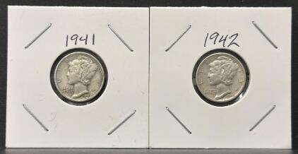 1941-S and 1942-S Mercury Dimes, 90% Silver, Circulated, San Francisco Mint