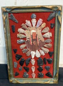 Framed Native American Arrowhead Collection with Illustration, 30 Artifacts from Idaho-Oregon