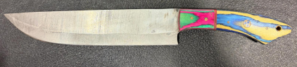 Custom Damascus Fixed-Blade Knife with Multi-Colored Handle, Full Tang, Mosaic Pin