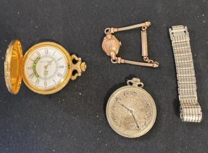 Ornate Train-Motif Gold-Plated Pocket Watch Locle, Bulova Ladies&rsquo; Watch, Silver Pocket Watch Lot ( Unable to Verify)
