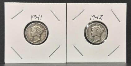 1941-D & 1942-D Mercury Dimes, 90% Silver, Denver Mint, Circulated