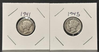 1941-D & 1943-D Mercury Dimes, 90% Silver, Denver Mint, Circulated Example, 2-Coin Lot