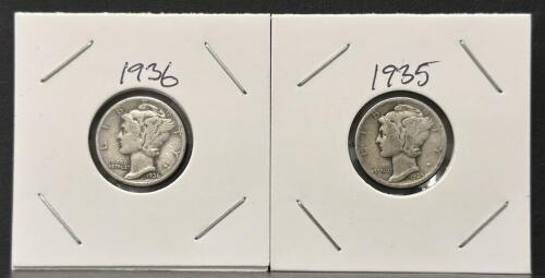 1935 & 1936 Mercury Dimes &ndash; 90% Silver, Circulated Condition