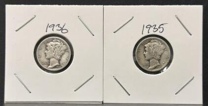 1935 & 1936 Mercury Dimes &ndash; 90% Silver, Circulated Condition