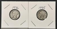 1935 & 1936 Mercury Dimes &ndash; 90% Silver, Circulated Condition