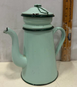 Vintage Light Blue Enamelware Coffee Pot, Approx 8.5" Tall, Steel, Conical Body, Matching Lid