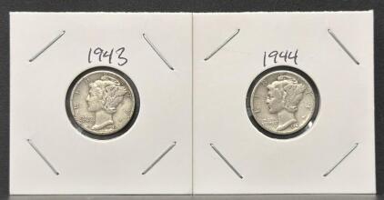 1943-D & 1944-D Mercury Dimes, 90% Silver, Denver Mint, Circulated, Lot of 2 Coins