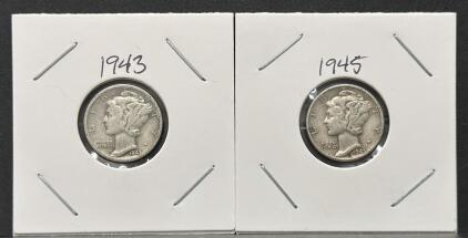 1943 & 1945 Mercury Dimes &ndash; 90% Silver, Circulated, in 2x2 Flips