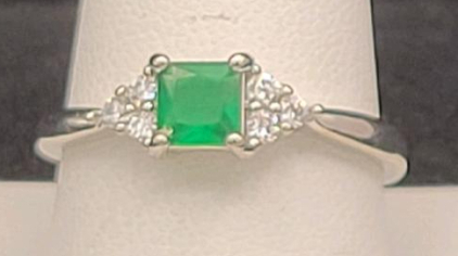 Green Emerald Square Cut Faceted .925 Ring, Size 10