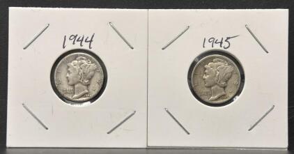 1944-D & 1945 Mercury Dimes, 90% Silver, Circulated, Set of 2 US Coins in Holders
