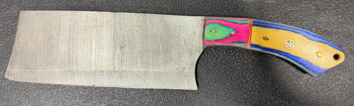 Damascus Steel Chef&rsquo;s Cleaver, 7.5" Blade, Full Tang, Multi-Color Stabilized Wood Handle