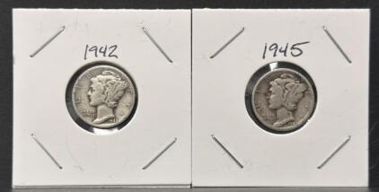 1942-D & 1945 Mercury Dimes 90% Silver, U.S. 10c, Winged Liberty Head, Circulated Pair