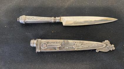 Ornate Antique Silver-Plated Dagger Letter Opener with Sheath, 8.25" Length