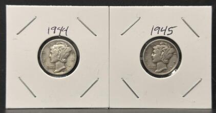 1944-S & 1945-S Mercury Silver Dimes, 90% Silver, San Francisco Mint, Circulated