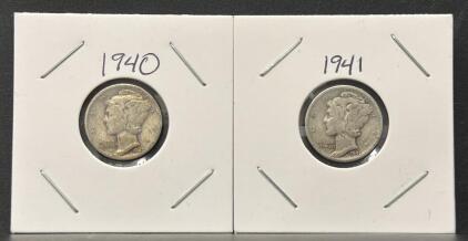 1940 & 1941 Mercury Dimes, 90% Silver, Winged Liberty Head, Lot of 2, Circulated