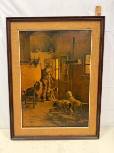 Original 1933 Oil Painting by "Quadron" &ndash; Man with Dogs in Traditional Style