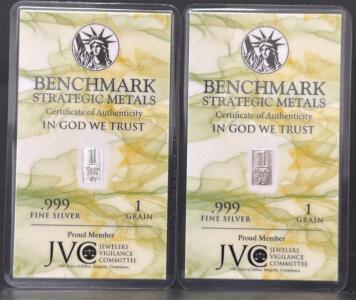 (2) Benchmark Strategic Metals 1 Grain .999 Fine Silver Bars, USA, Assay Card, JVC Certified
