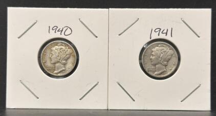 1940 & 1941 Mercury Dimes, 90% Silver, Winged Liberty, Philadelphia Mint, Lot of Two Coins