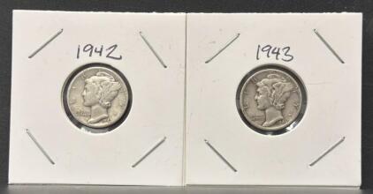 1942 & 1943 Mercury Dimes &ndash; 90% Silver, San Francisco & Philadelphia Mint, Circulated