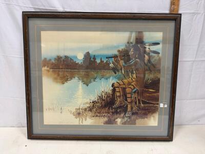 Enoch Kelly Haney Signed Limited Edition Print Native American Flute Moon 344/950 Framed 26"x31"