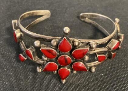 Vintage Sterling Silver Cuff Bracelet with Red Stones, Ornate Design, 55g ( Unable to Verify )